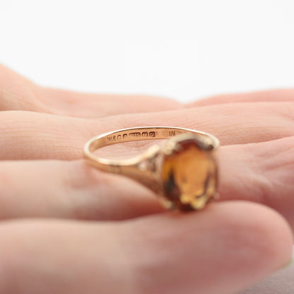 Vintage 9ct Gold Oval Citrine Solitaire Ring, 1969