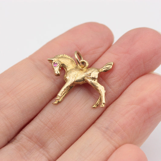 Vintage 9ct Gold Horse Charm with Ruby Eyes, GJLD, 1966