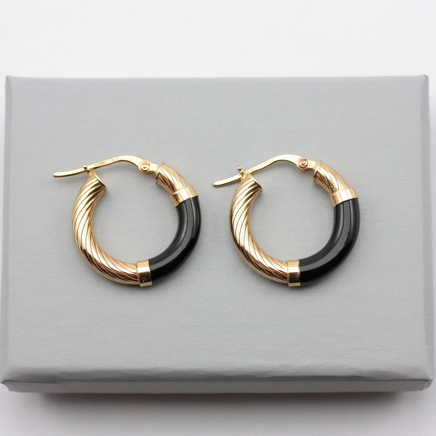 Vintage 9ct Gold & Black Enamel Hoop Earrings, 1993