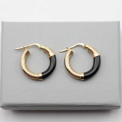 Vintage 9ct Gold & Black Enamel Hoop Earrings, 1993