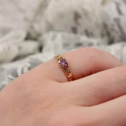 Dainty Late Vintage 9ct Gold and Amethyst Heart Ring