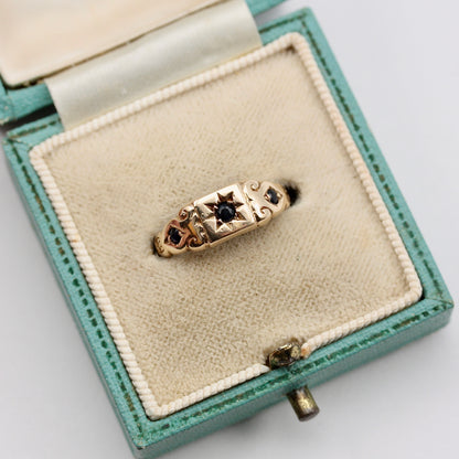Vintage 9ct Gold Star Set Sapphire Three Stone Ring, 1976