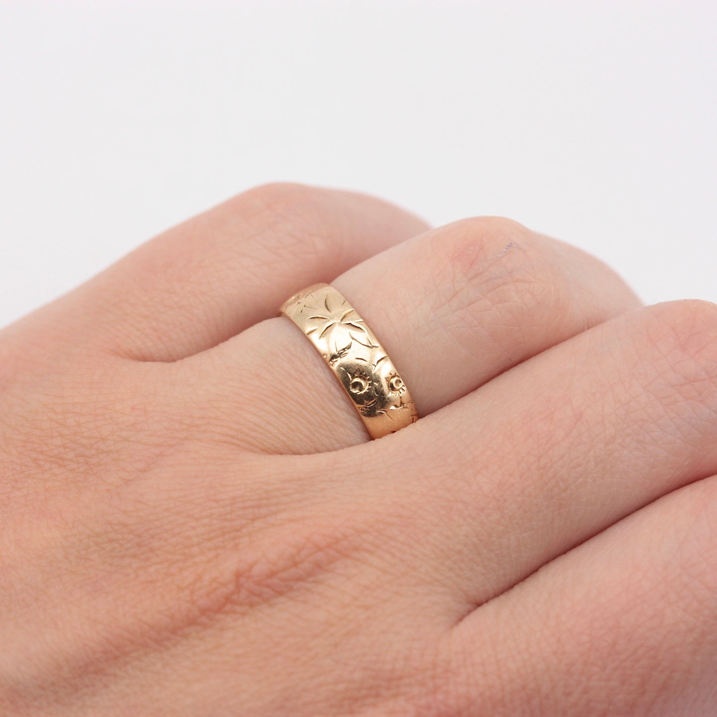 Vintage 9ct Gold Floral Patterned Band Ring, 1970