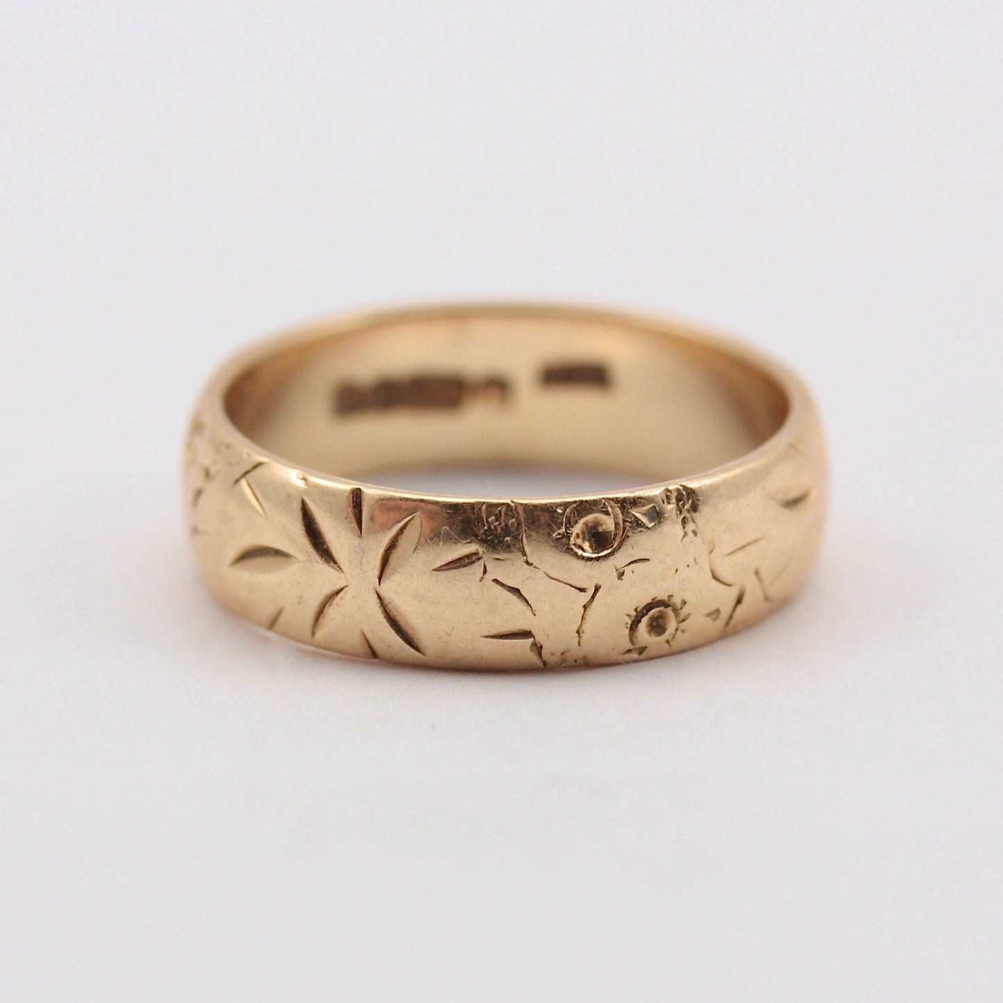 Vintage 9ct Gold Floral Patterned Band Ring, 1970
