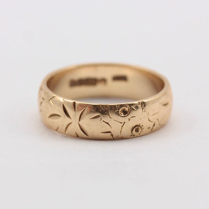 Vintage 9ct Gold Floral Patterned Band Ring, 1970