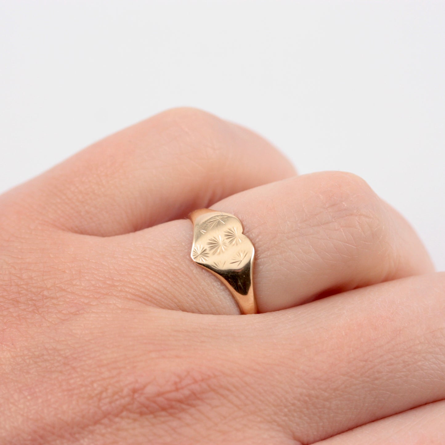 Vintage 9ct Gold Star Engraved Heart Signet Ring, 1977