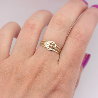 Vintage 9ct Gold Textured Cut Out Buckle Ring, 1989