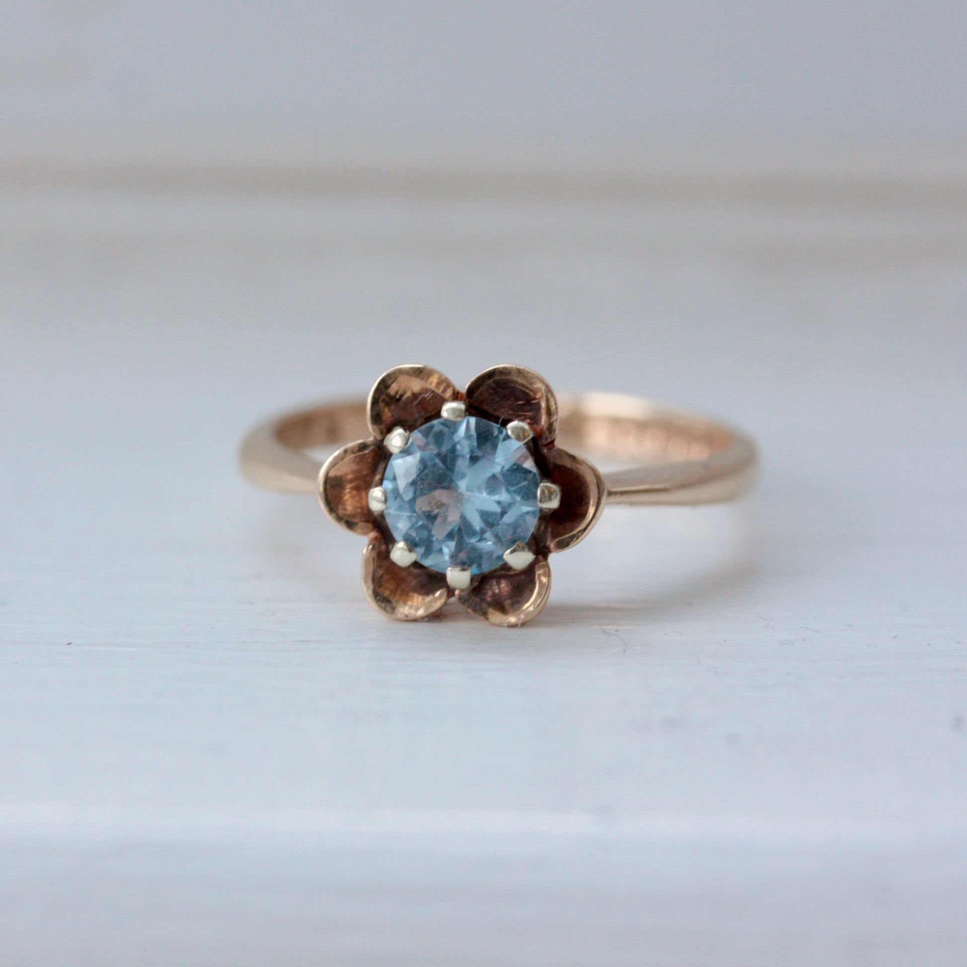 Vintage 9ct Gold Blue Topaz Flower Ring, 1976