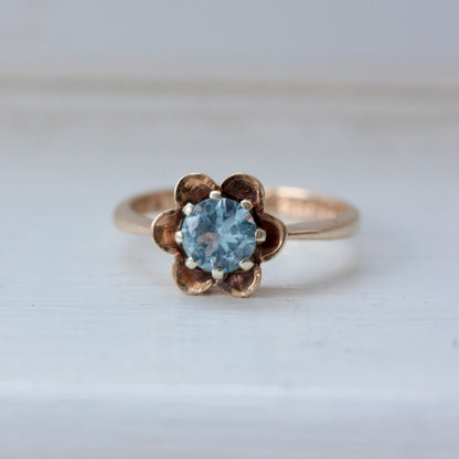 Vintage 9ct Gold Blue Topaz Flower Ring, 1976