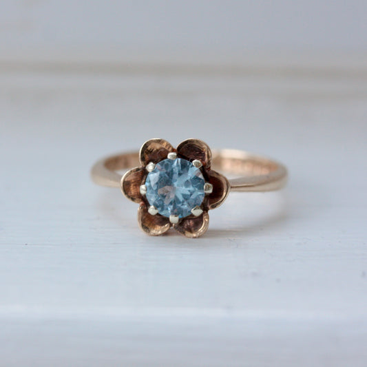 Vintage 9ct Gold Blue Topaz Flower Ring, 1976