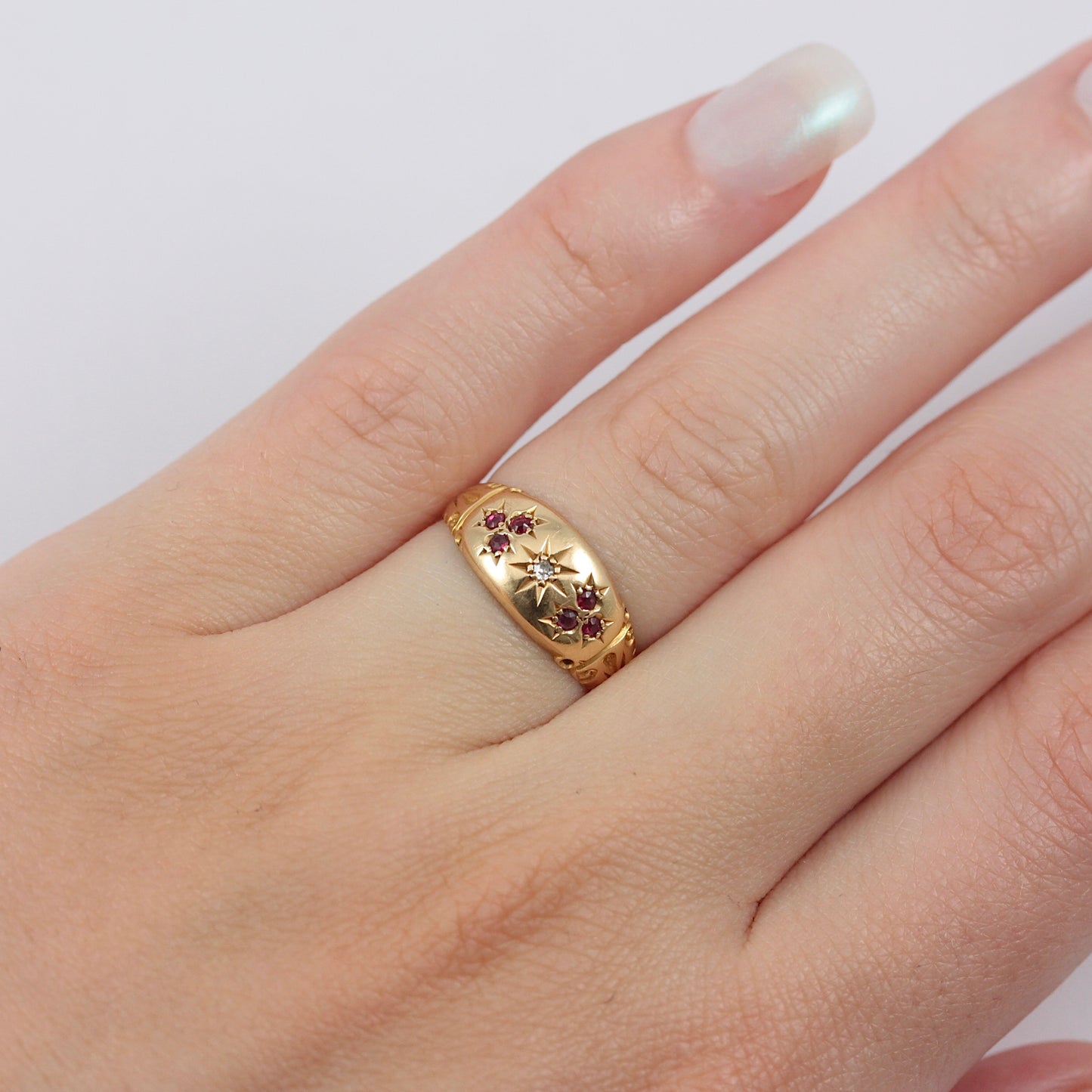 Antique 18ct Gold Band Ring with Ruby and Diamond, 1908 + Resize
