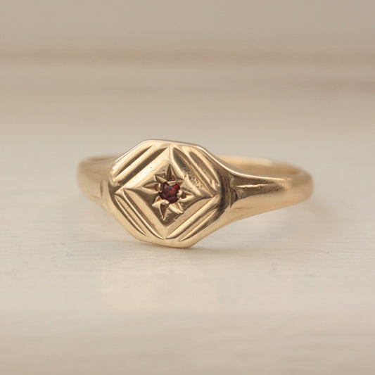 Vintage 9ct Gold Star Set Garnet Signet Ring, 1970