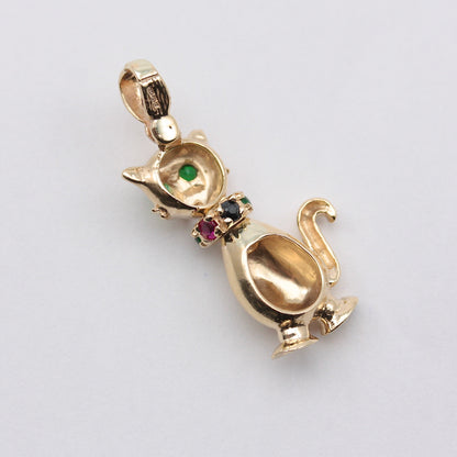 Modern Pre-owned 9ct Gold Cat Pendant set with Gemstones