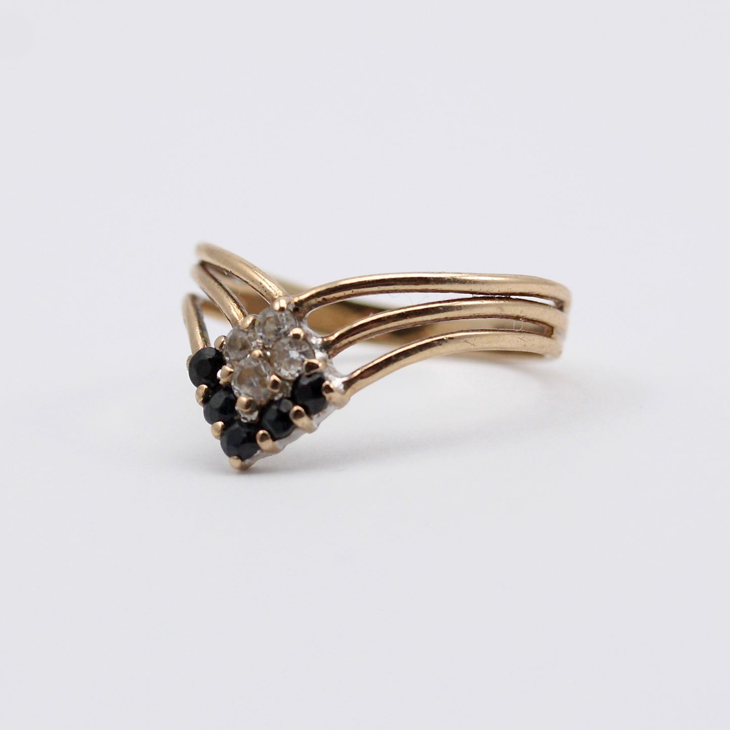 Vintage 9ct Gold Black and White CZ Wishbone Ring, 1988