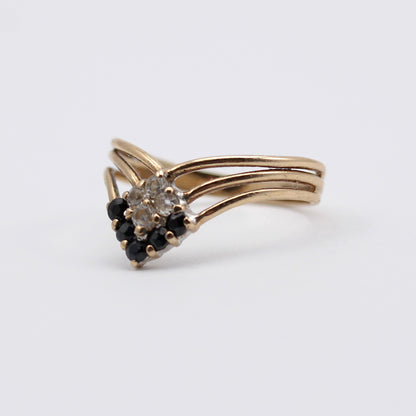 Vintage 9ct Gold Black and White CZ Wishbone Ring, 1988