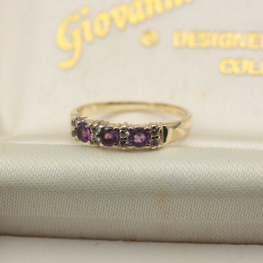 Vintage 9ct Gold Amethyst and CZ Band Ring, 1980s