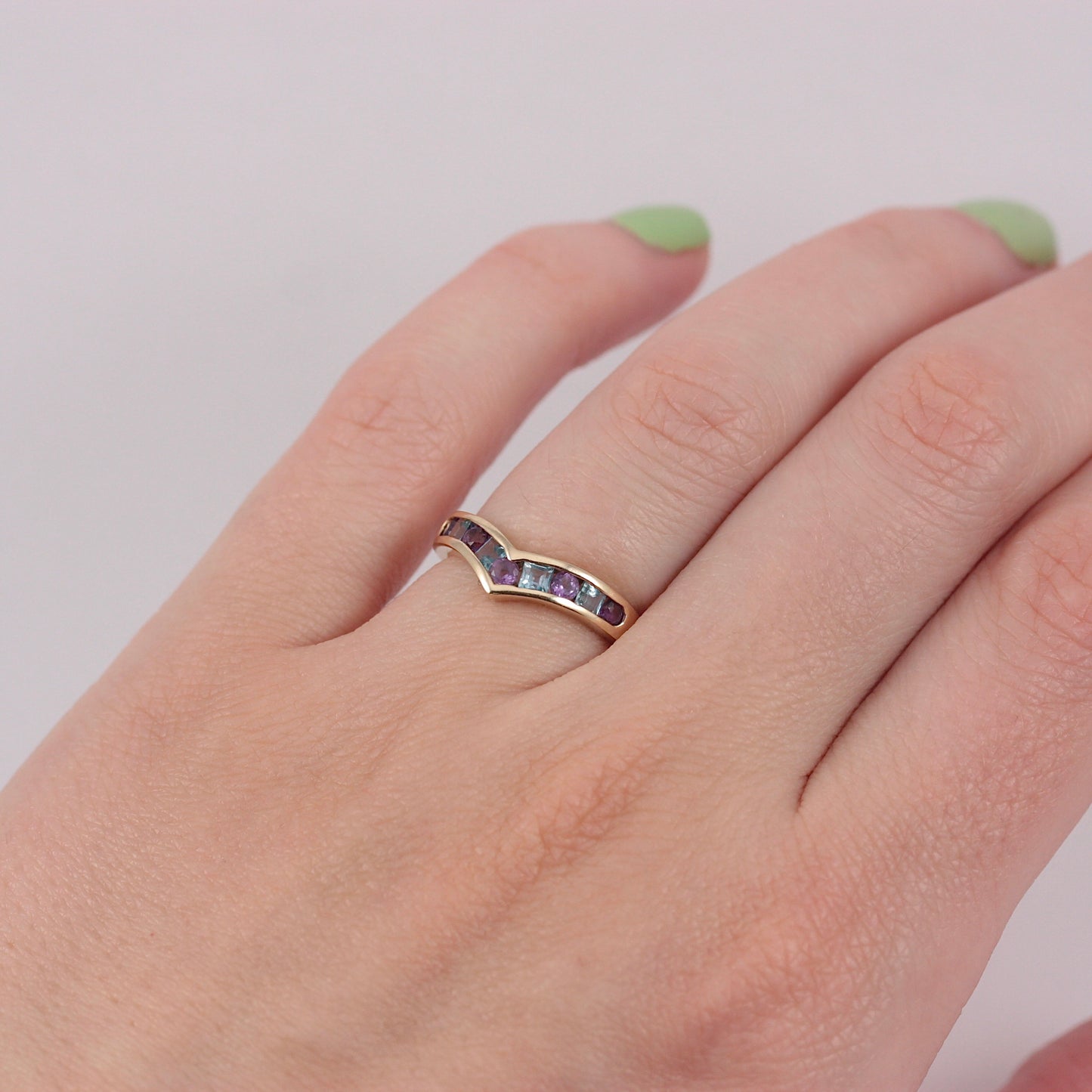 Pre-owned 9ct Gold Amethyst and Blue Topaz Wishbone Ring