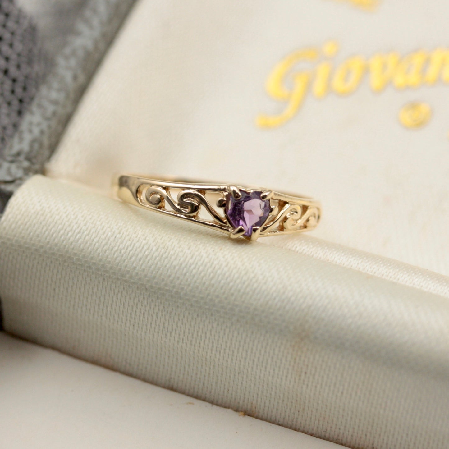 Dainty Late Vintage 9ct Gold and Amethyst Heart Ring
