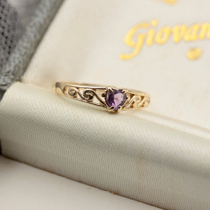 Dainty Late Vintage 9ct Gold and Amethyst Heart Ring
