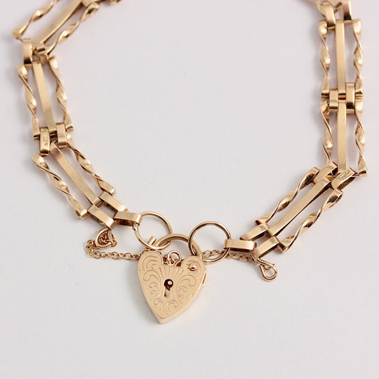 Vintage 9ct Gold 3 Bar Gate Bracelet with Engraved Heart Padlock, 1980