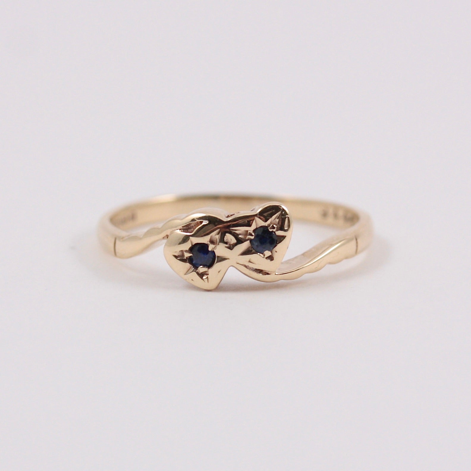 Vintage 9ct Gold and Sapphire Heart Crossover Ring, 1980