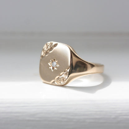 Vintage 9ct Gold Star Set Diamond Signet Ring, 1987