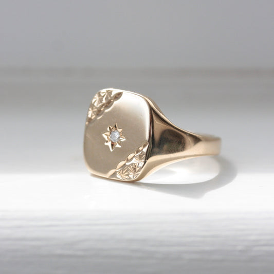 Vintage 9ct Gold Star Set Diamond Signet Ring, 1987