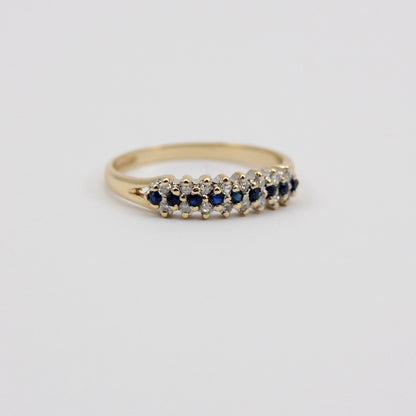 Vintage 9ct Gold Diamond Sapphire 3 Row Band Ring, 1986