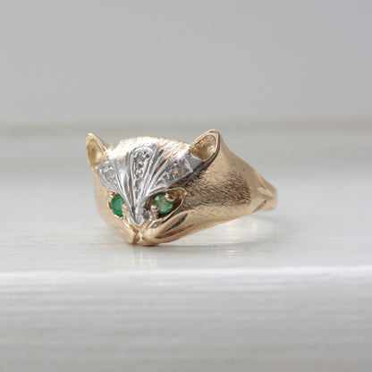 Vintage 9ct Gold Cat Ring with Diamonds and Emerald Eyes, 1989