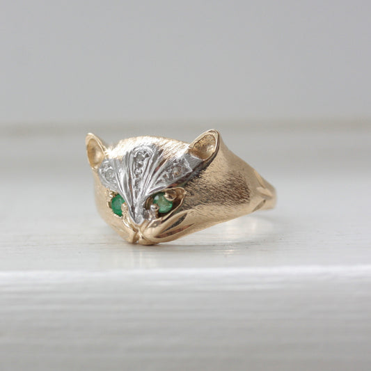 Vintage 9ct Gold Cat Ring with Diamonds and Emerald Eyes, 1989