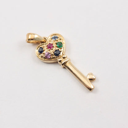 Vintage Small 9ct Gold Gemstone Set Key Pendant