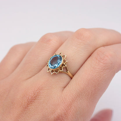 Vintage 9ct Gold Blue Topaz Sun Burst Ring, 1979