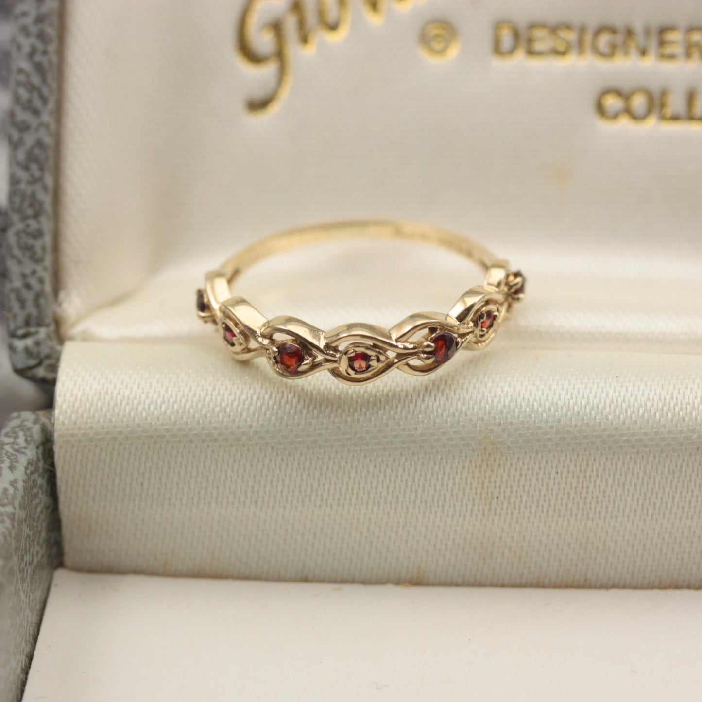 Vintage 9ct Gold and Garnet Fancy Band Ring, 1980