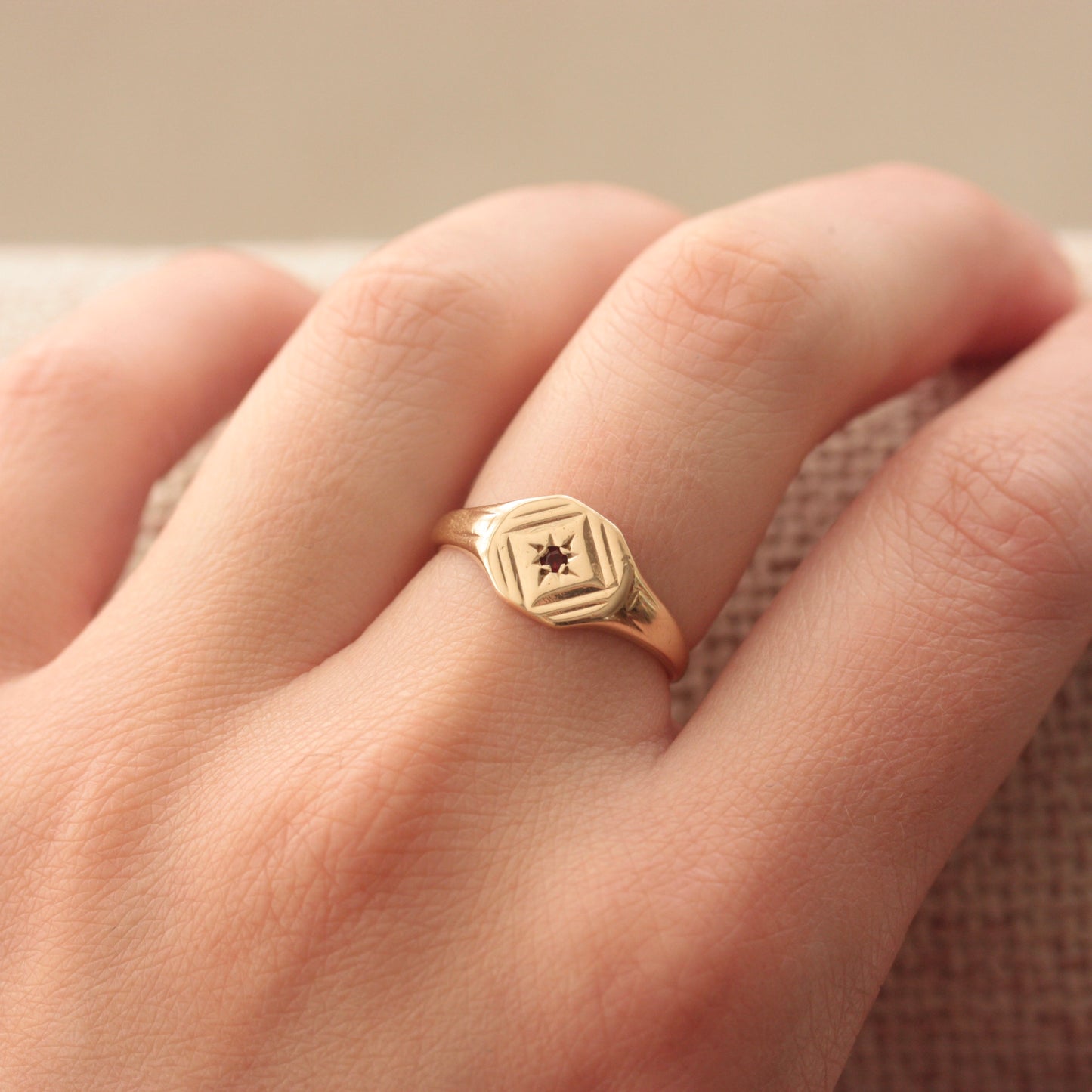 Vintage 9ct Gold Star Set Garnet Signet Ring, 1970