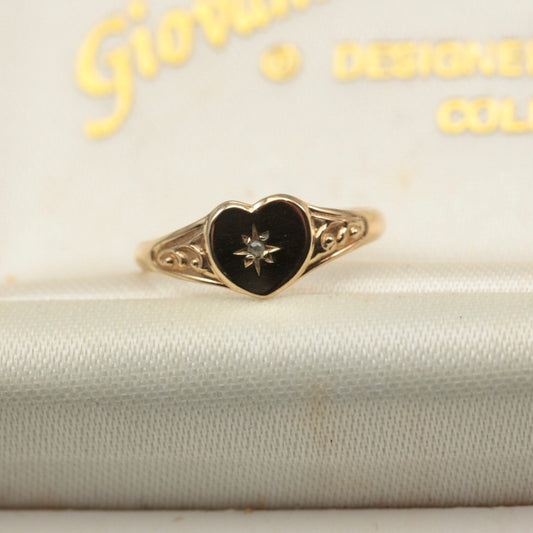 Small Pre-owned 9ct Gold and Diamond Heart Signet Ring, Size G 1/2