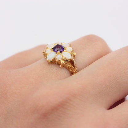 Vintage 9ct Gold Opal and Amethyst Cluster Ring, 1975