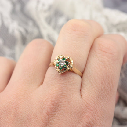 Vintage 9ct Gold, Green and White Spinel Heart Ring, 1979