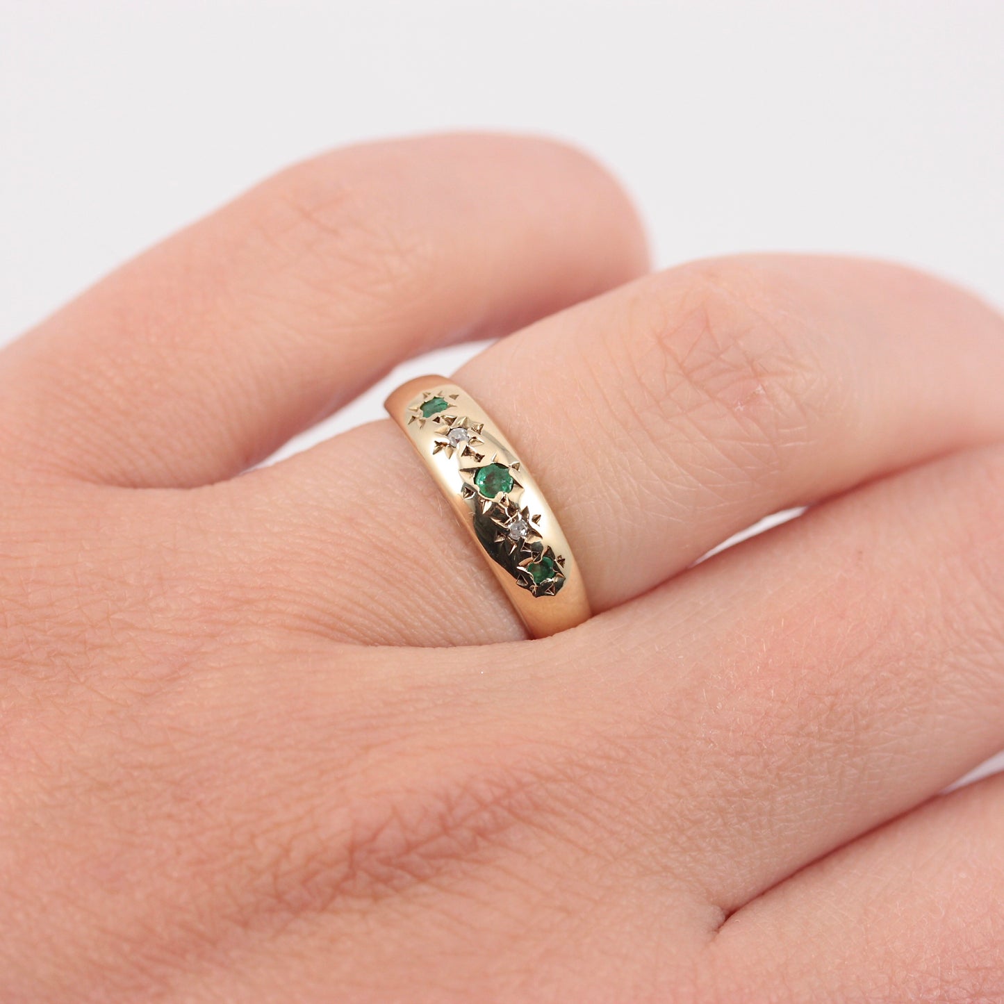 Vintage 9ct Gold Emerald & Diamond Gypsy Ring, 1979