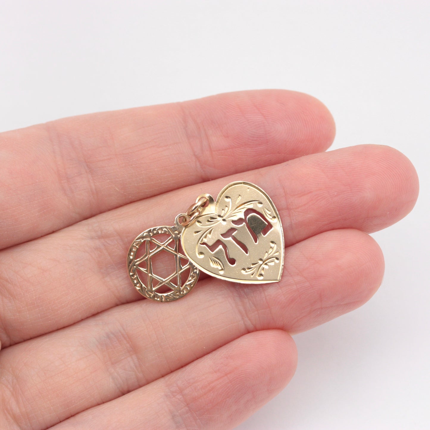 Vintage 9ct Gold Mazel / Luck Heart and Star of David Charm, 1961