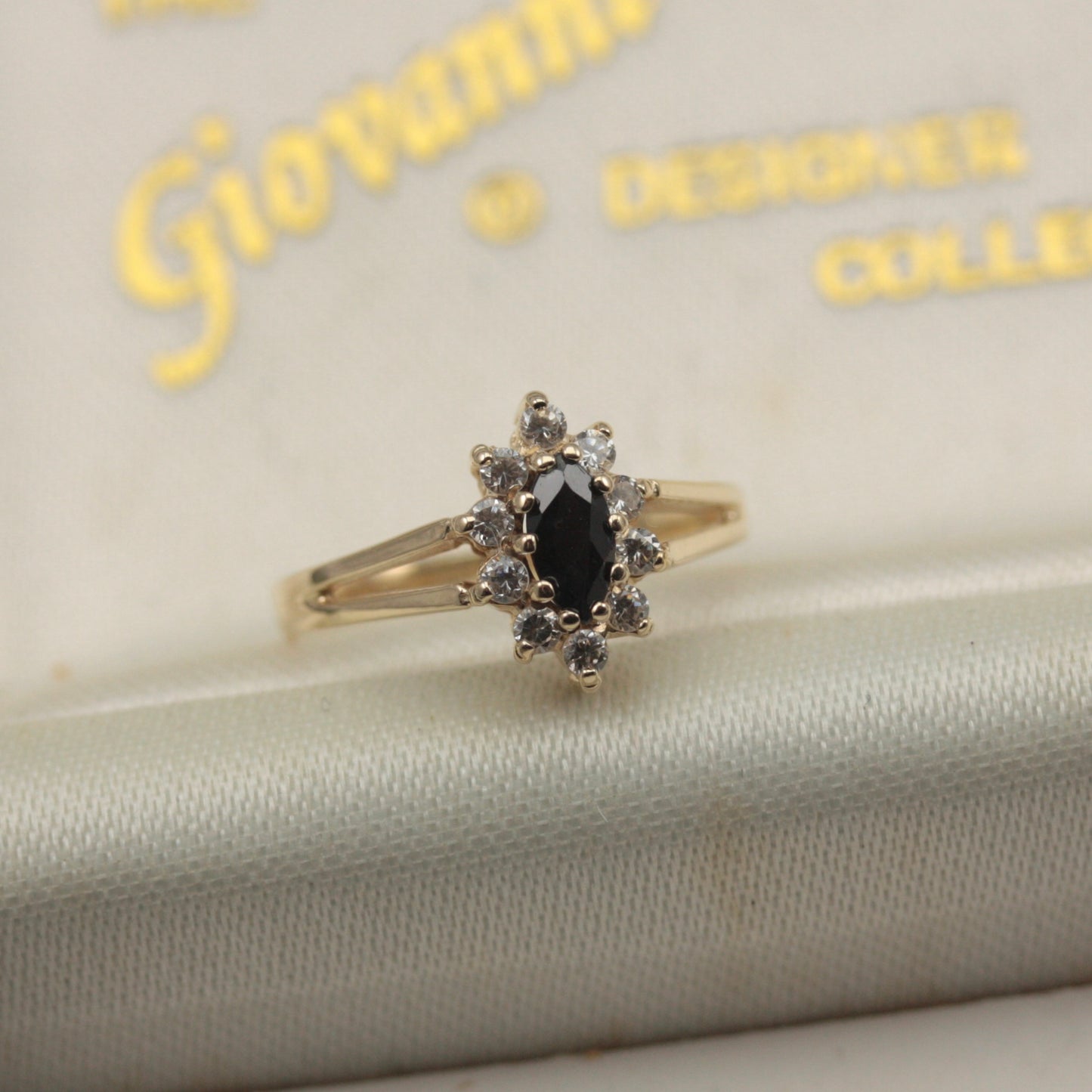 Vintage 9ct Gold Black Sapphire and CZ Marquise Cluster Ring, 1980s