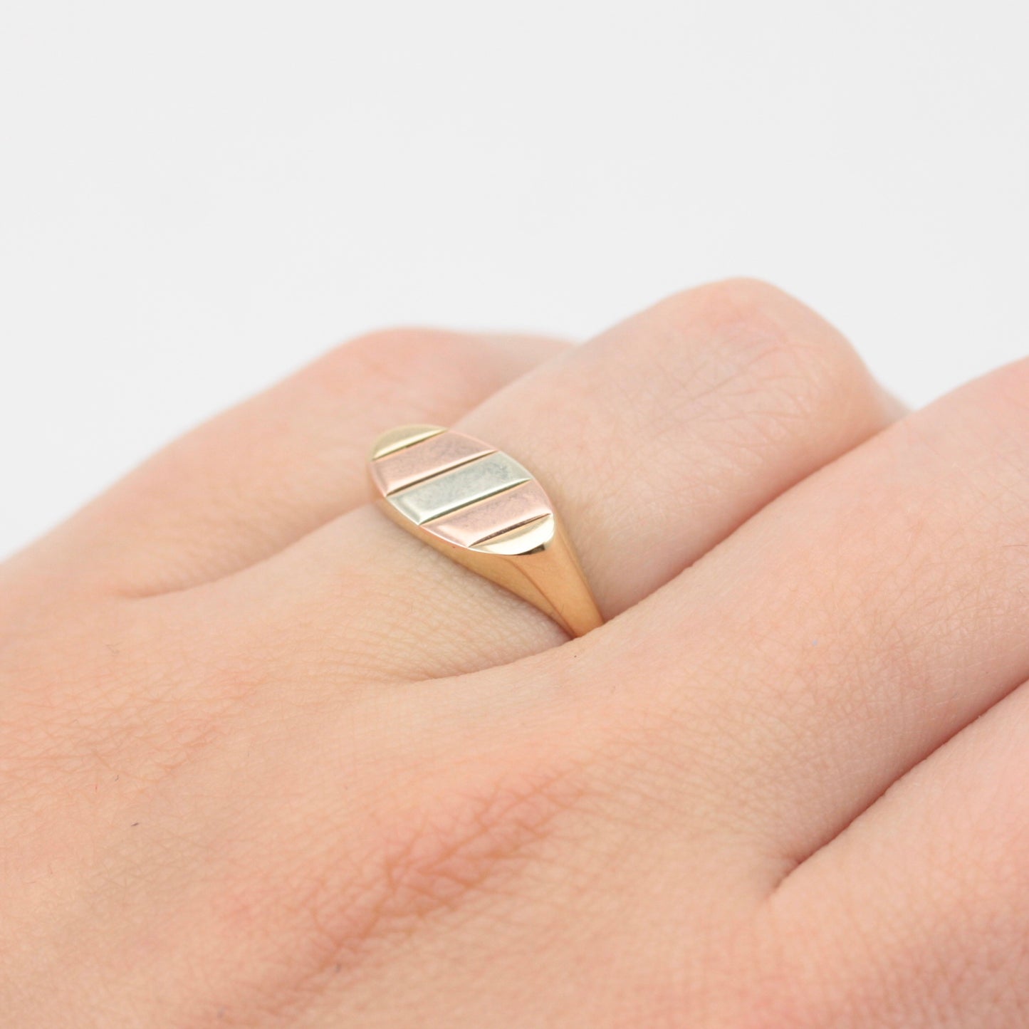 Vintage 9ct Tri Colour Gold Flat Fronted Ring, 1984