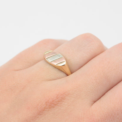 Vintage 9ct Tri Colour Gold Flat Fronted Ring, 1984
