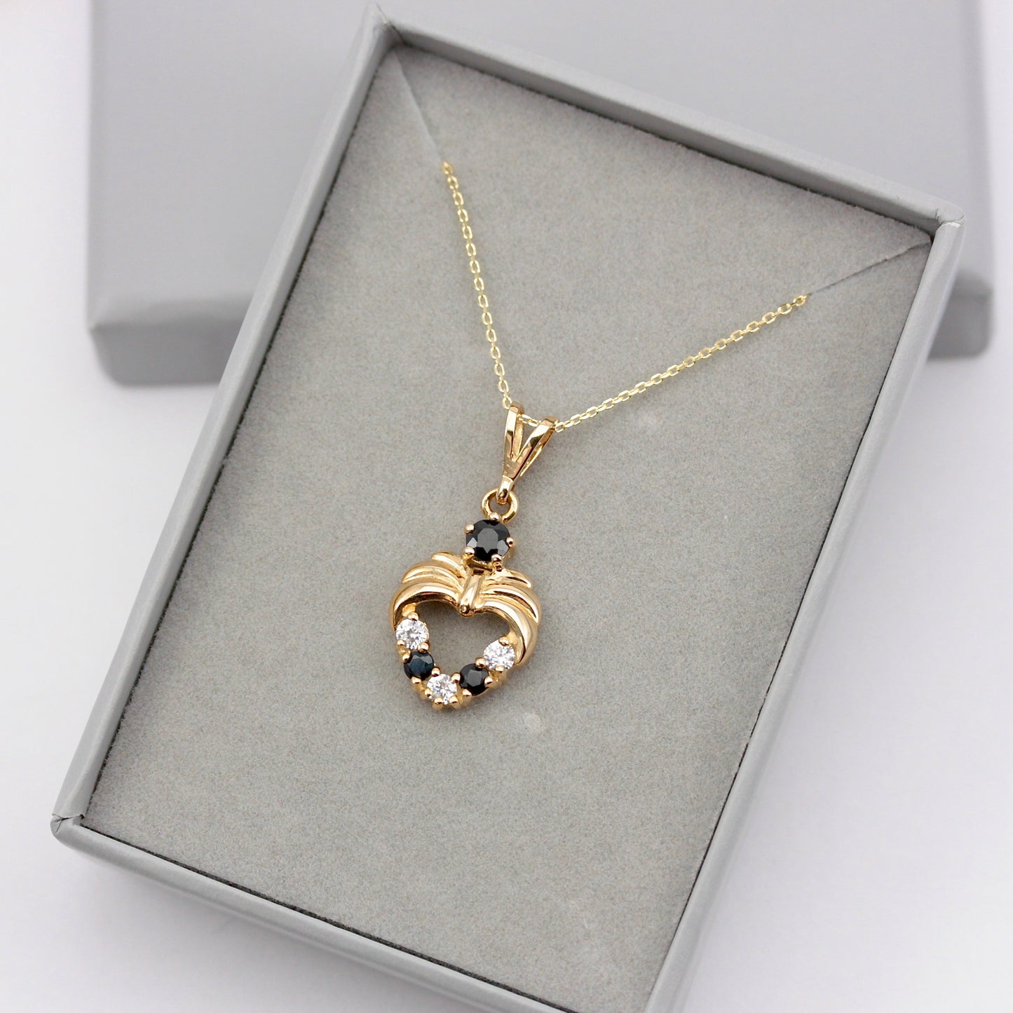 Vintage 9ct Gold Sapphire + CZ Open Heart Pendant with Chain, 1992