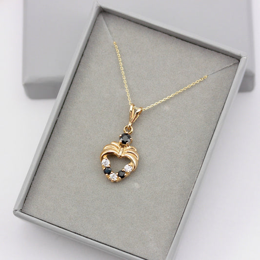 Vintage 9ct Gold Sapphire + CZ Open Heart Pendant with Chain, 1992