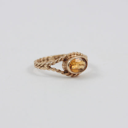Vintage 9ct Gold Citrine Solitaire Rope Ring, 1984
