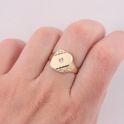 Vintage 9ct Gold Star Set Diamond Signet Ring, 1987