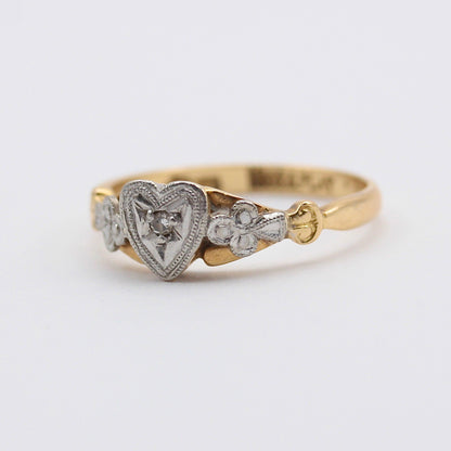 Early Vintage 18ct Gold + Platinum Floral Heart Ring with Diamond