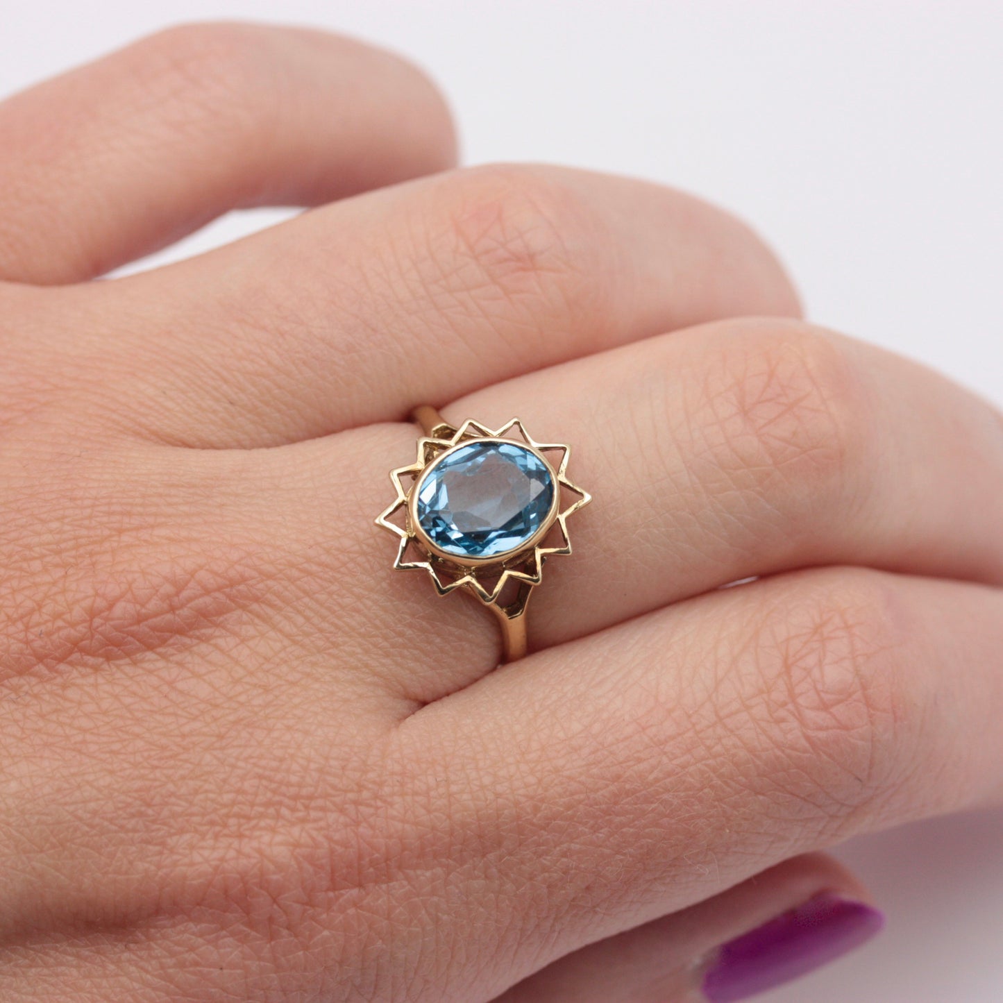 Vintage 9ct Gold Blue Topaz Sun Burst Ring, 1979