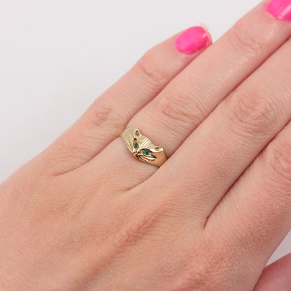 Vintage 9ct Gold Cat Ring with Emerald Eyes, 1988