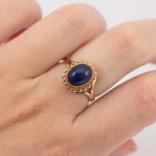 Vintage 9ct Gold Lapis Lazuli Rope Framed Ring, c1980s